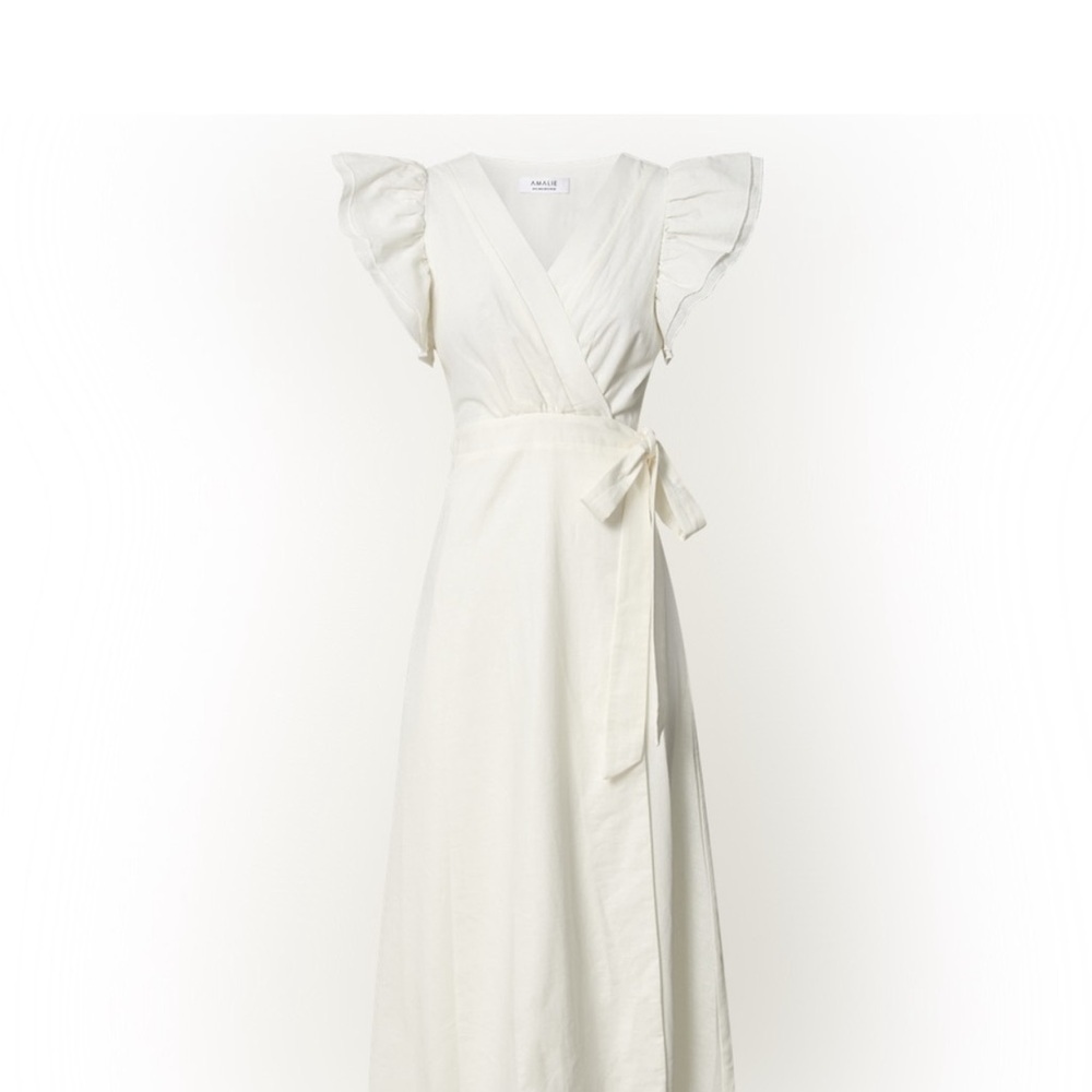 Amalie White Wrap V Neck Ruffle Sleeve Midi Dress Belted Fit & Flare Elegant 6 - Picture 2 of 9